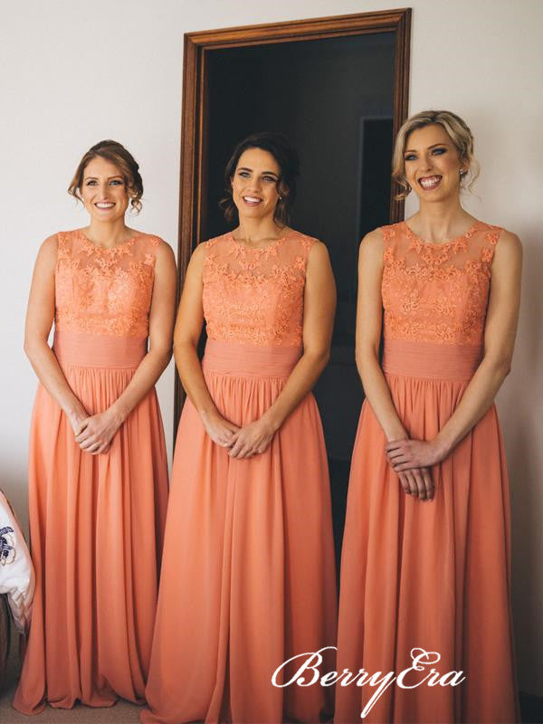Sleeveless Orange Lace Chiffon A-line Long Bridesmaid Dresses