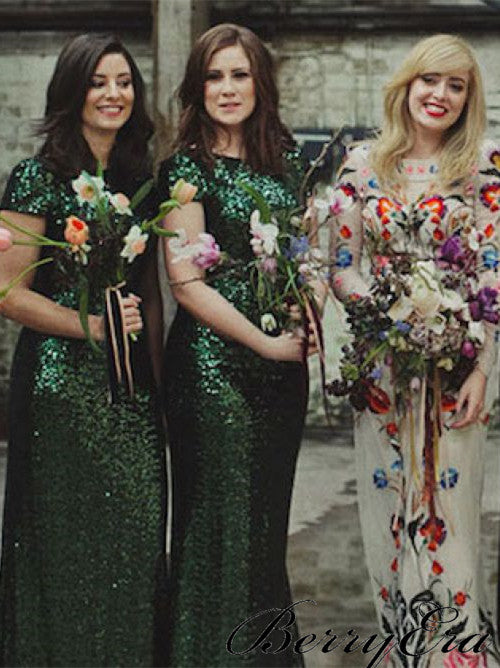Emerald Green Sequin Bridesmaid Dresses, Cap Sleeve Bridesmaid Dresses, Bridesmaid Dresses