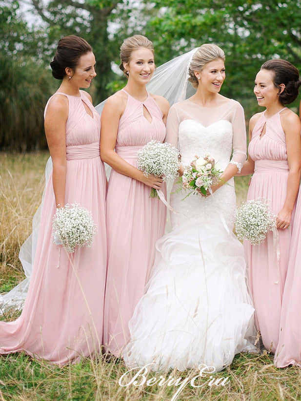 Key Hole A-line Pink Chiffon Long Bridesmaid Dresses