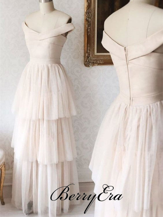 Off Shoulder Simple Tulle Bridesmaid Dresses, Long Bridesmaid Dresses