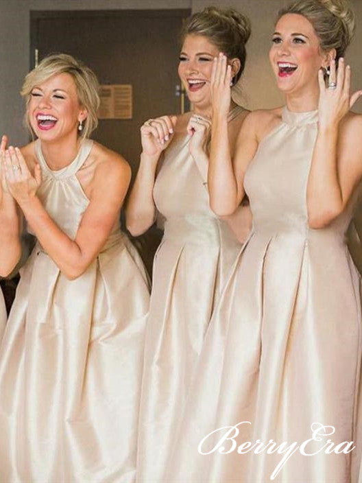 Champagne Gold A-line Stain Long Bridesmaid Dresses