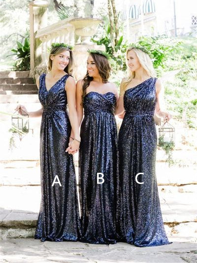 Mismatched Navy Sequin Bridesmaid Dresses, Long Bridesmaid Dresses – Berryera