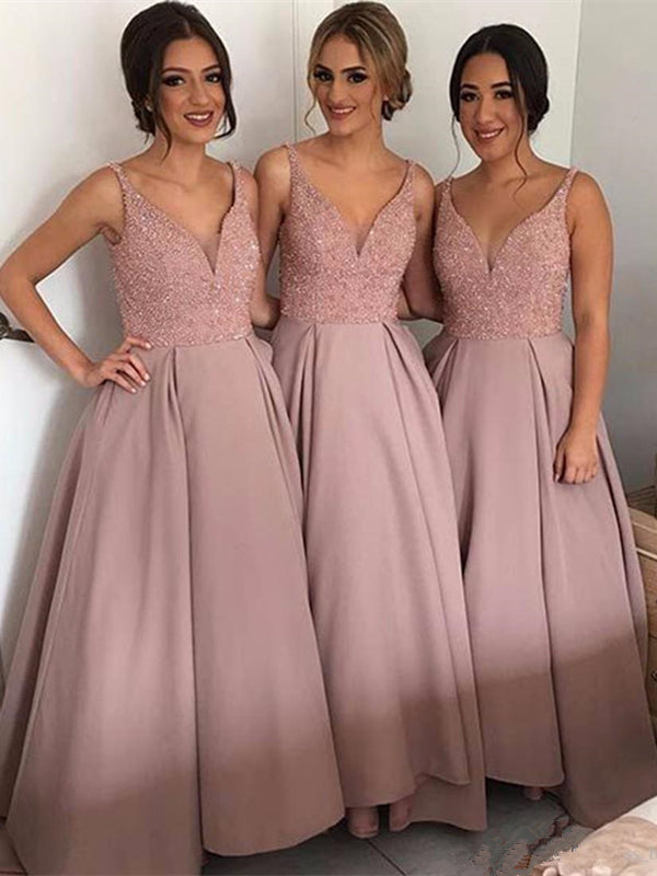 V-neck A-line Dusty Pink Beaded Bridesmaid Dresses, Long Bridesmaid Dresses