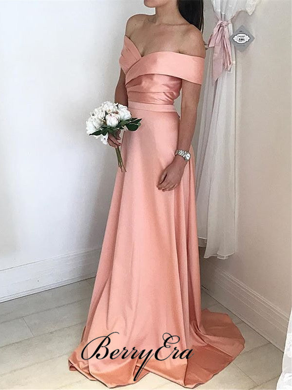 Off Shoulder Peach Elastic Satin Long Bridesmaid Dresses – Berryera Off Shoulder Peach Elastic Satin Long Bridesmaid Dresses – Berryera