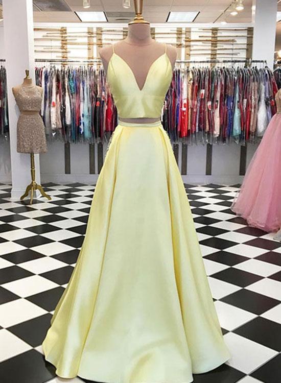 A-Line Two Pieces Long Prom Dress,V-neck Prom Dresses