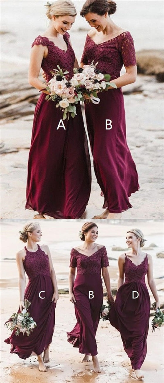 Mismatched Long A-line Chiffon Lace Beach Wedding Bridesmaid Dresses