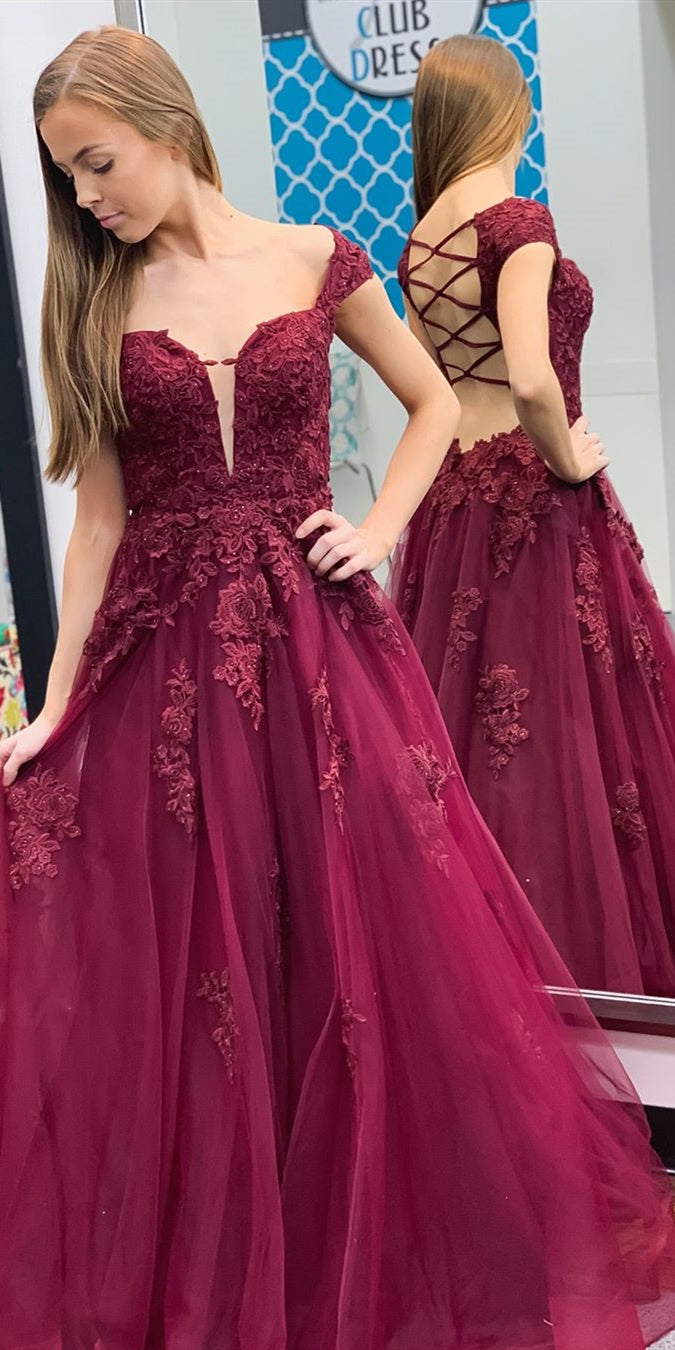 Off Shoulder Long A-line Burgundy Lace Tulle Prom Dresses, Appliques Long Prom Dresses, 2020 Prom Dresses