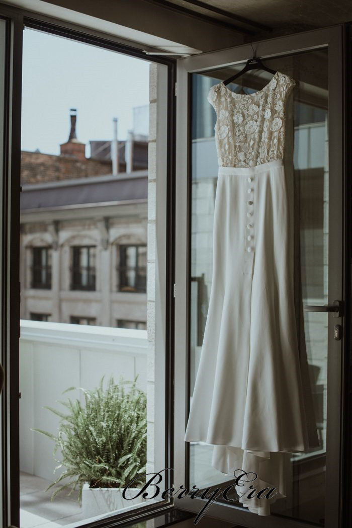 Round Neckline Lace Jersey Wedding Dresses, Elegant Long Wedding Dresses, Bridal Gown