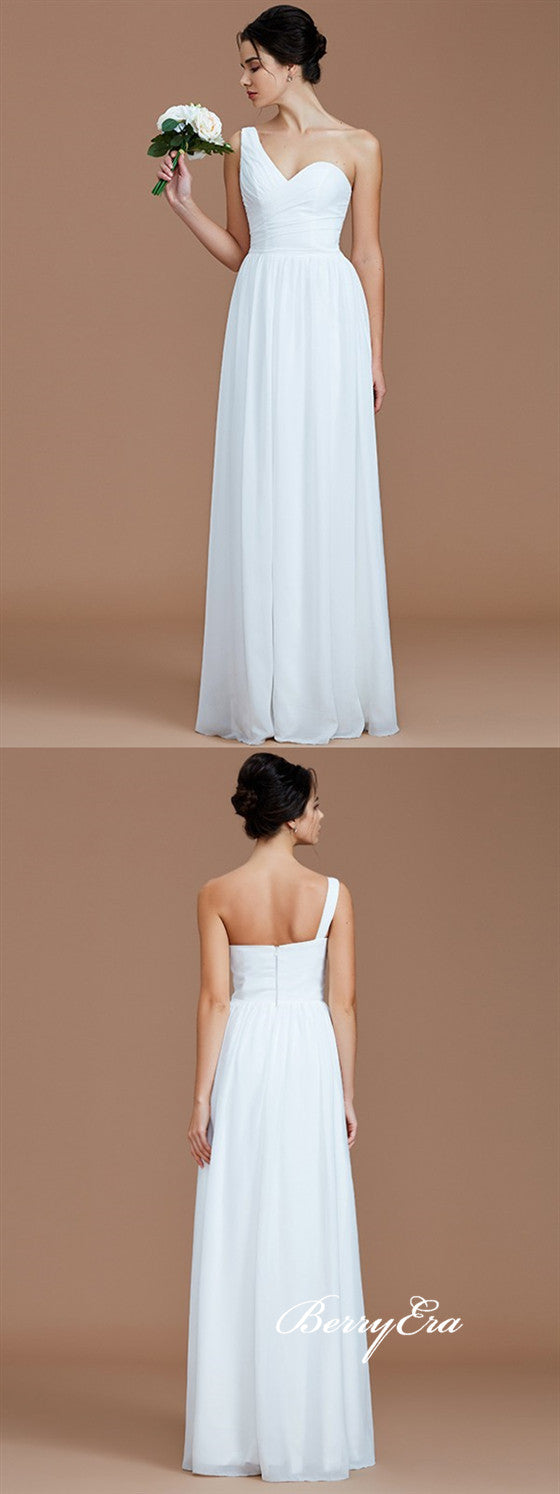 One Shoulder White Chiffon A-line Bridesmaid Dresses