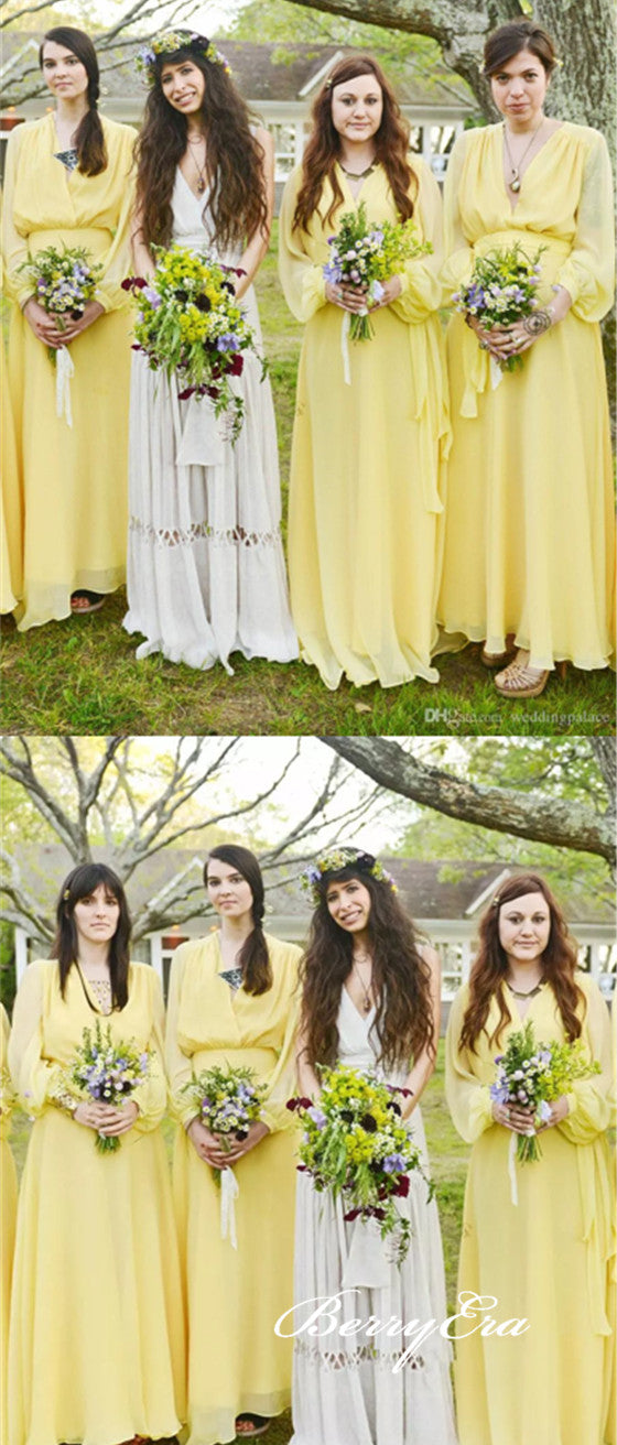 Long Sleeves A-ine Yellow Chiffon Boho Wedding Bridesmaid Dresses