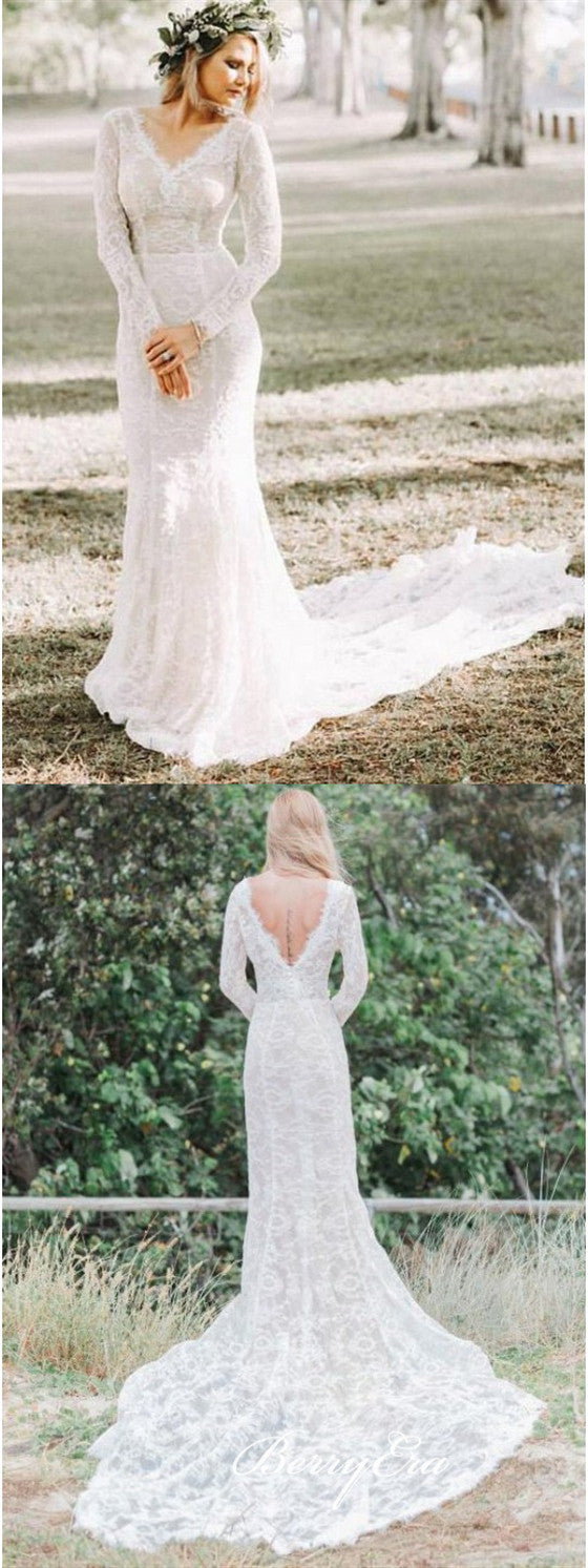 V-neck Long Sleeves Mermaid Lace Country Wedding Dresses