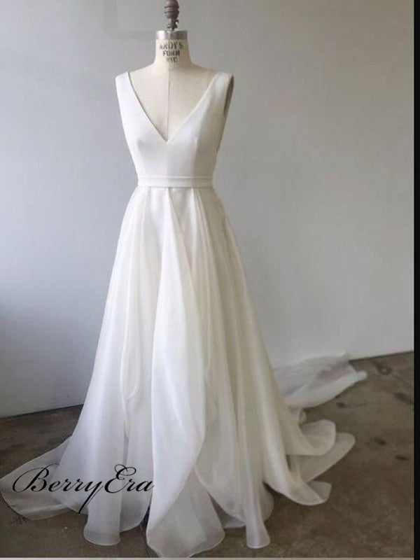 Simple Design Wedding Dresses, V-neck A-line Bridal Gowns, Cheap Wedding Dresses