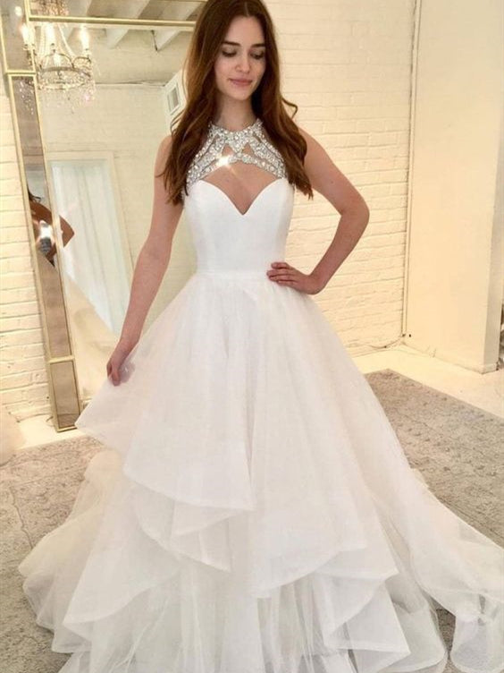 A-line Ivory Tulle Wedding Dresses, Beaded Long Wedding Dresses, Popular Bridal Gown