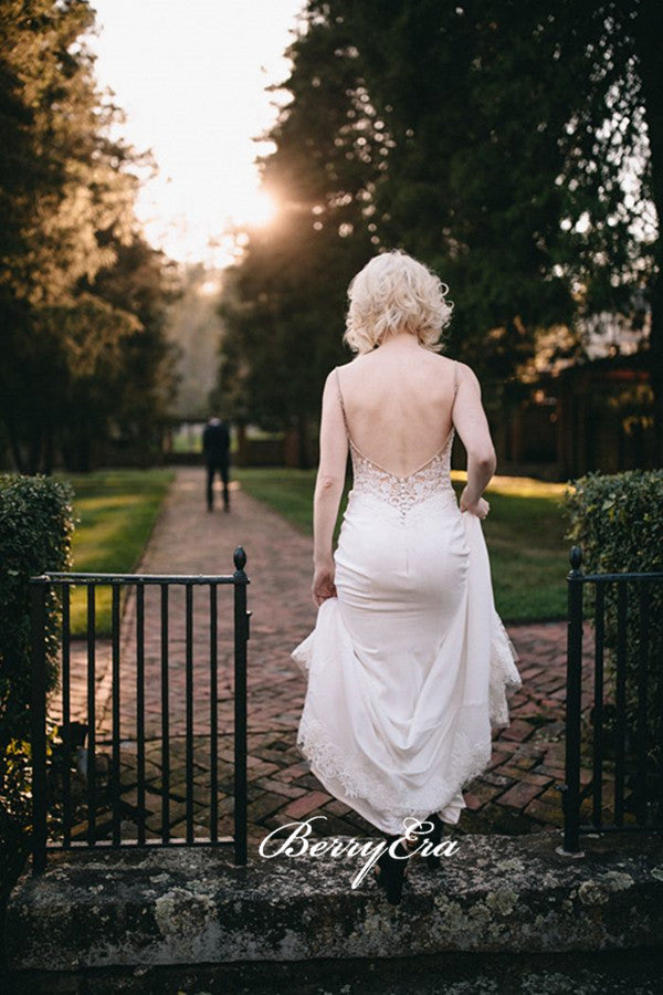 Simple Design Backless Beaded Wedding Dresses, Lace Wedding Dresses