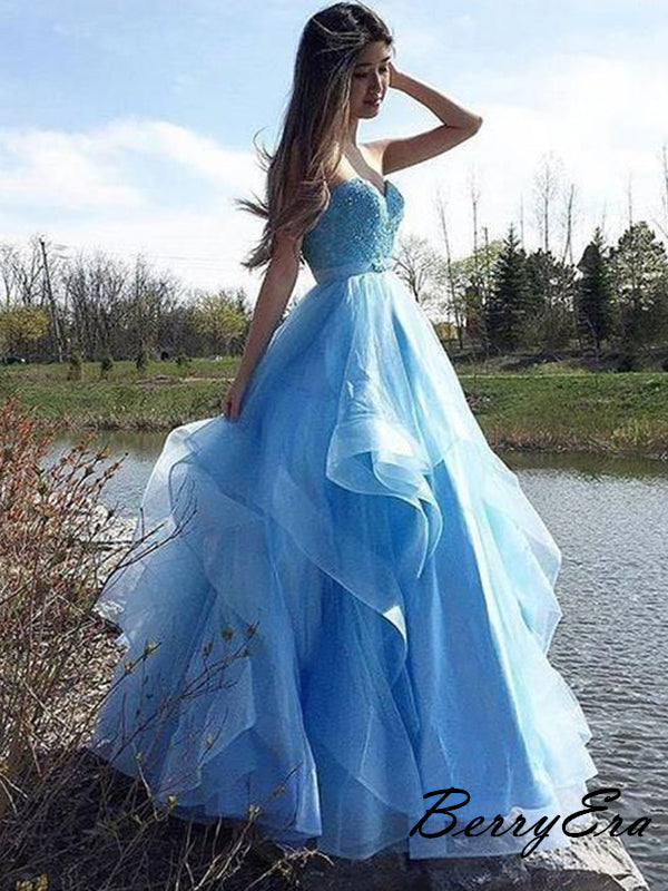 Light Blue Strapless Modest Prom Dresses, A-Line Tulle Long Prom Dresses