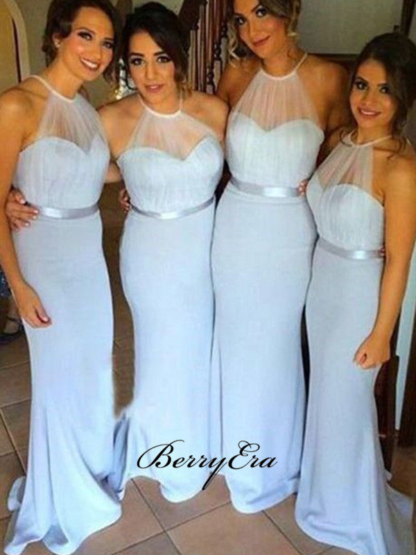 Sky Blue Newest Bridesmaid Dresses, Mermaid Halter Bridesmaid Dresses