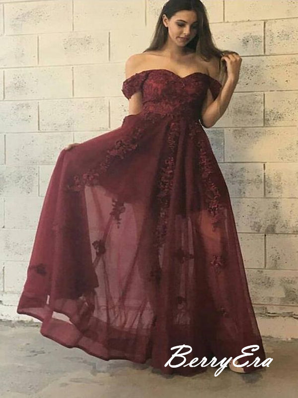 Off the Shoulder Burgundy Lace Prom Dresses, A line Long Prom Dresses