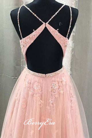 Spaghetti Pink Lace Beaded Prom Dresses, A-line Prom Dresses, Long Prom Dresses