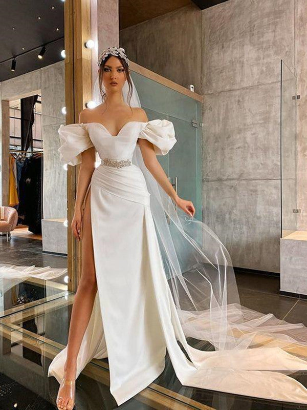 High Side Slit Sexy Wedding Dresses, Off The Shoulder 2021 Long Prom Dresses