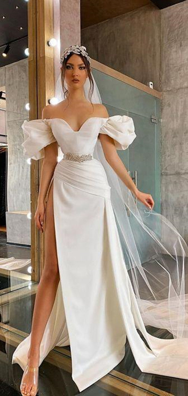 High Side Slit Sexy Wedding Dresses, Off The Shoulder 2021 Long Prom Dresses