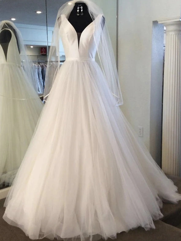 V-neck Long A-line Wedding Dresses, Tulle Wedding Dresses, Simple Long Wedding Dresses