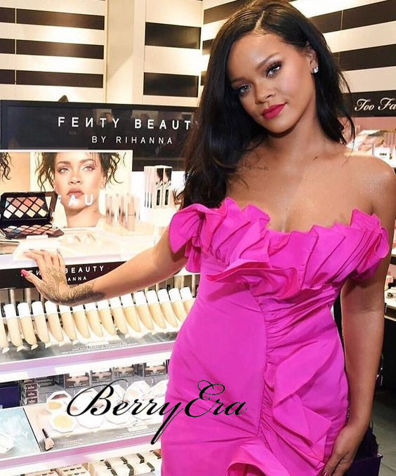 Rihanna Hot Pink Ruffled Gown, Sexy Side Slit Mermaid Prom Dresses