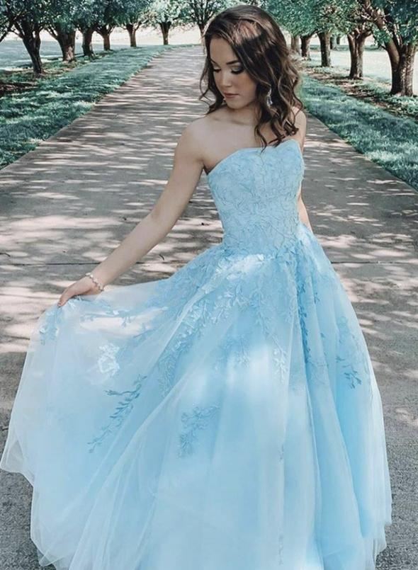 Strapless Long A-line Light Blue Lace Tulle Prom Dresses, Newest Prom Dresses, 2020 Prom Dresses