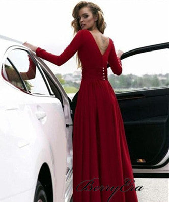 V-neck Long Sleeves Burgundy Jersey Prom Dresses, Long Prom Dresses, Prom Dresses