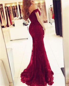 Off Shoulder Long Mermaid Lace Beaded Prom Dresses