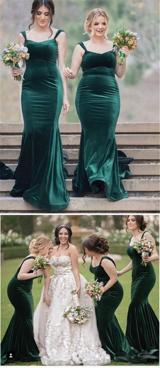 Straps Long Mermaid Emerald Green Bridesmaid Dresses, Velvet Bridesmai Berryera Straps Long Mermaid Emerald Green Bridesmaid Dresses, Velvet Bridesmai Berryera