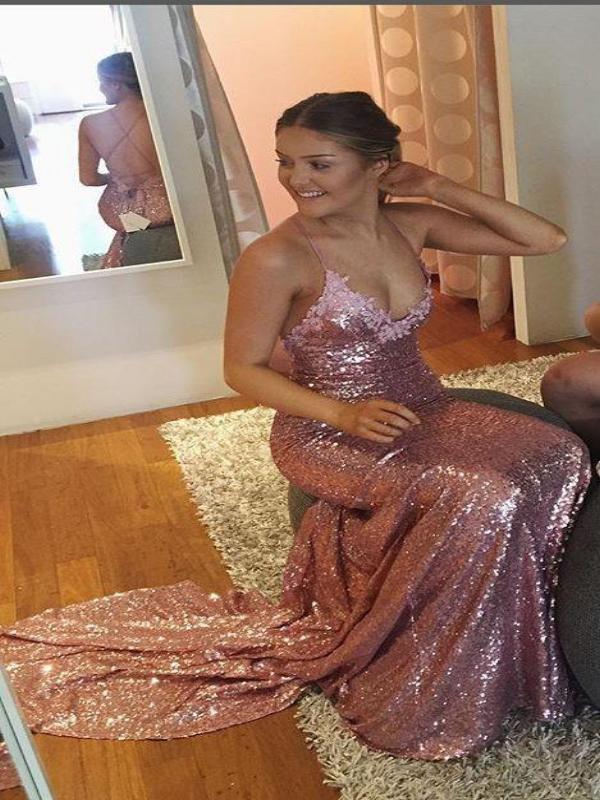 Sequin Appliques Long Mermaid Rose Gold Prom Dresses
