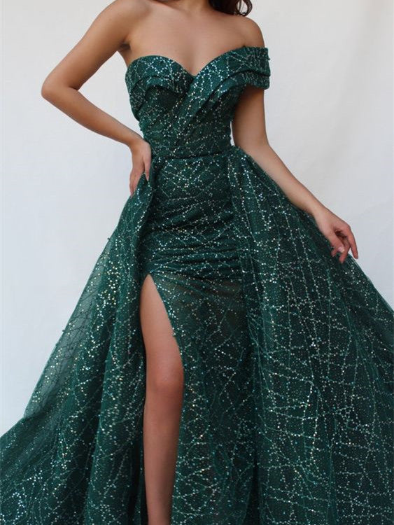 Off The Shoulder Dark Green Sequin Tulle Long Prom Dresses, 2021 Prom Dresses, Mermaid Prom Dresses