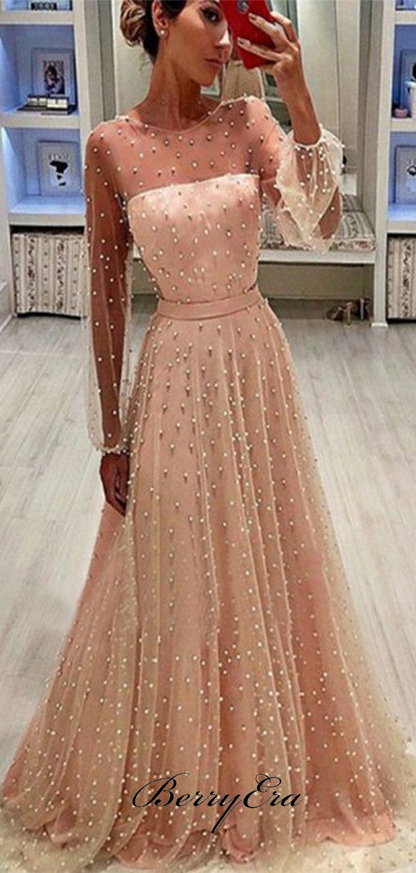 Long Sleeves Beaded Prom Dresses, Luxury A-line Prom Dresses For Evening Party