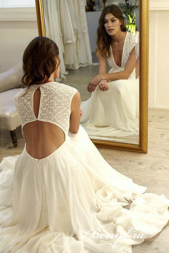 V-neck Lace Top A-line Chiffon Skirt Wedding Dresses