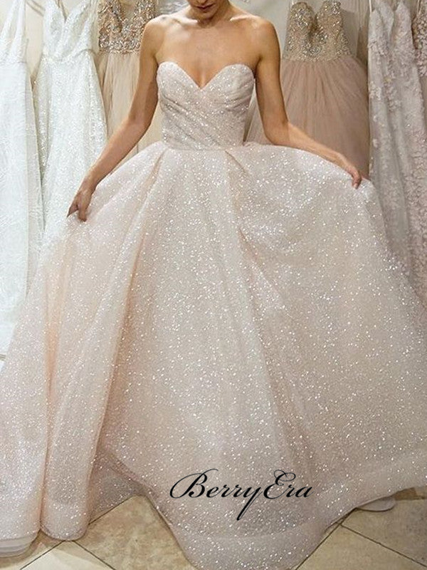 Sweet A-line Strapless Wedding Dresses, Sparkly Modest Wedding Dresses