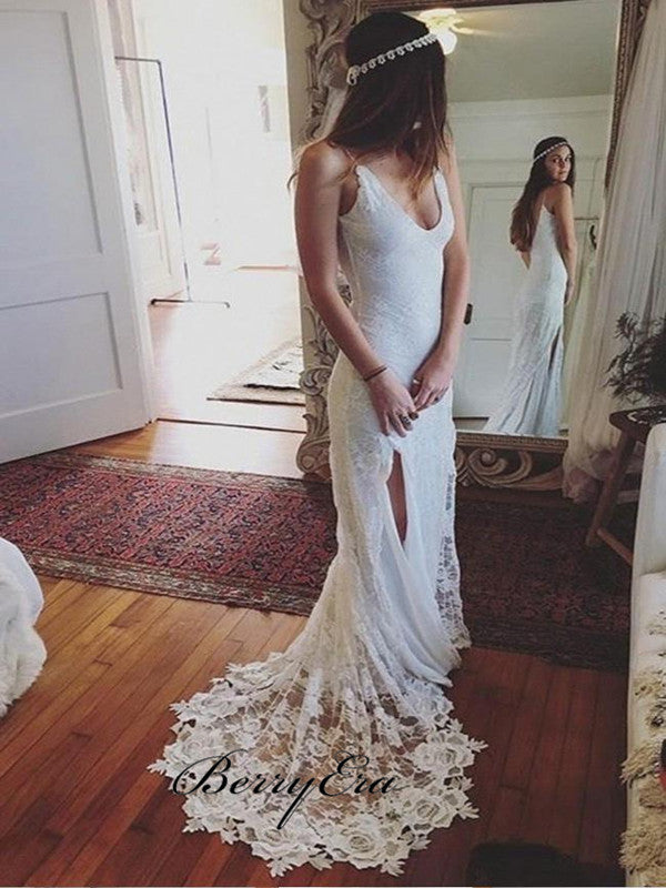 Open Back White Lace Wedding Dress Spaghetti Straps Slit Women Bridal Gowns