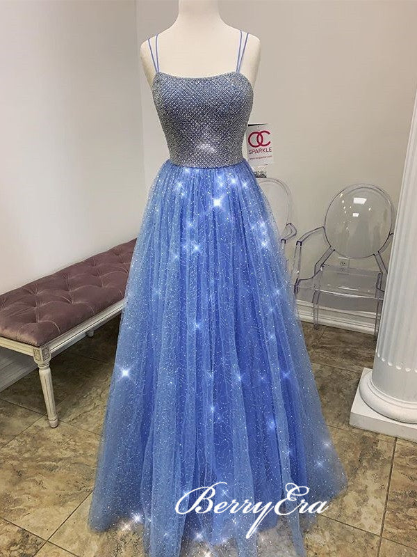 Jewl Long A-line Shiny Sequin Beaded Prom Dresses, Blue Prom Dresses, Long Prom Dresses, 2020 Prom Dresses
