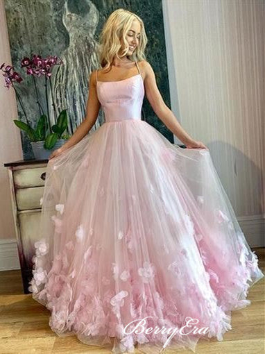 Spaghetti Long A-line Pink Tulle Applqiues Prom Dresses, Handmade Flowers Prom Dresses, 2020 Prom Dresses