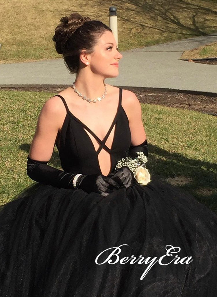 Black Long A-line Tulle Prom Dresses, Simple Long Prom Dresses, 2020 Prom Dresses, Affordable Prom Dresses