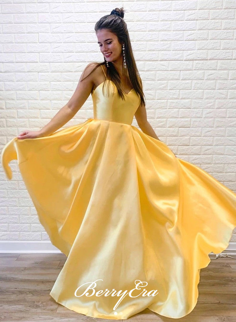 Spaghetti Long A-line Yellow Satin Prom Dresses, Simple Long Prom Dresses, A-line Prom Dresses