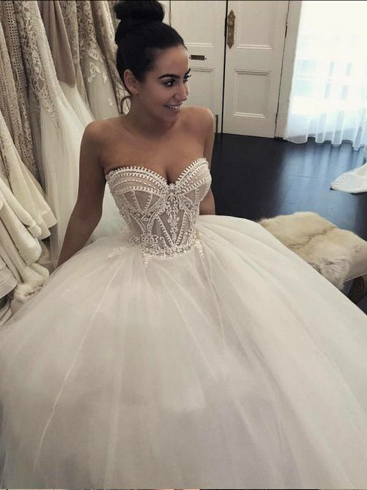 Sweetheart Long A-line Ivory Lace Tulle Wedding Dresses, Long Wedding Dresses, Popular Wedding Dresses