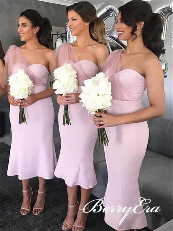 One Shoulder Long Mermaid Pink Bridesmaid Dresses, Lovely Bridesmaid Dresses, Cheap Bridesmaid Dresses