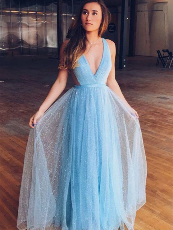 Deep V-neck Light Blue Sequin Tulle Prom Dresses, Shiny Prom Dresses