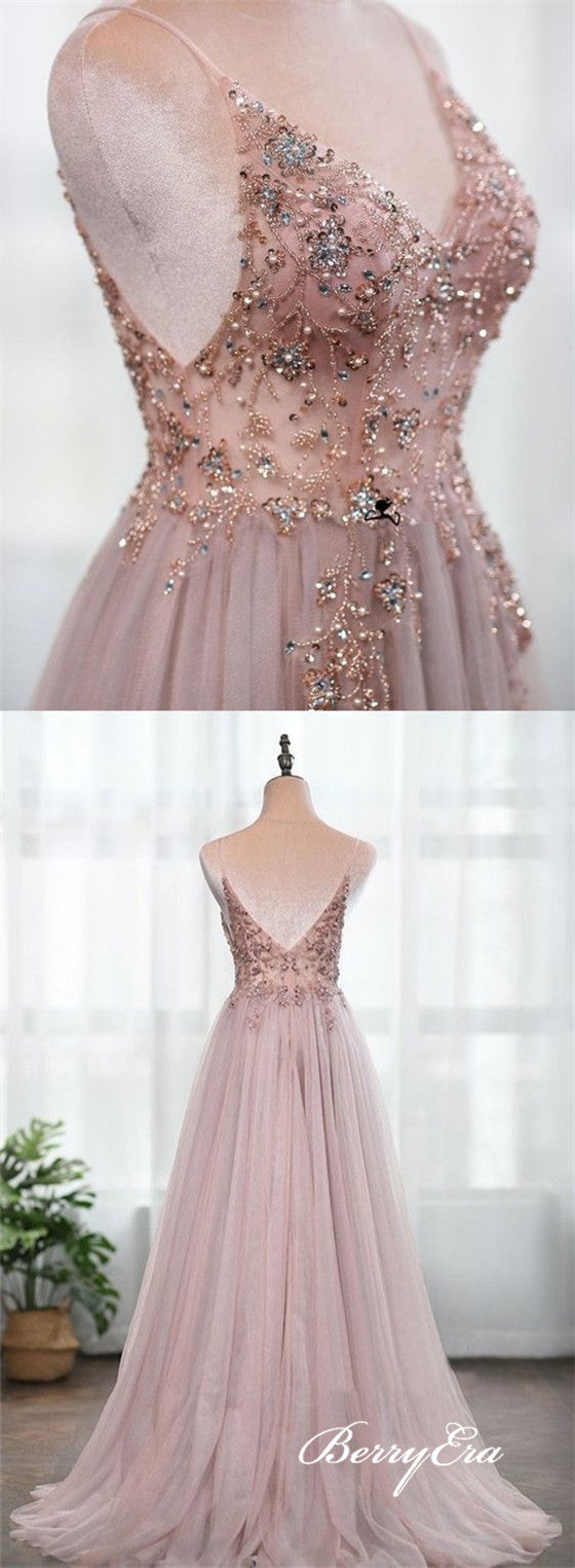 Spaghetti Long V-neck Beaded Tulle Prom Dresses, Side Slit Long Prom Dresses, 2020 Prom Dresses