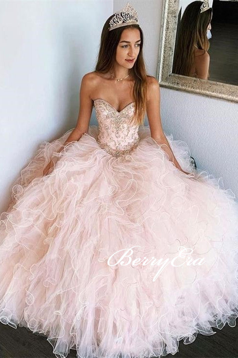 Sweetheart Long Pink Tulle Beaded Prom Dresses, Lovely Cute Ball Gown Prom Dresses, Long Prom Dresses