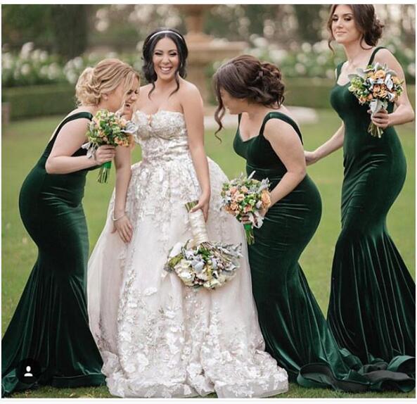Straps Long Mermaid Emerald Green Bridesmaid Dresses, Velvet Bridesmaid Dresses