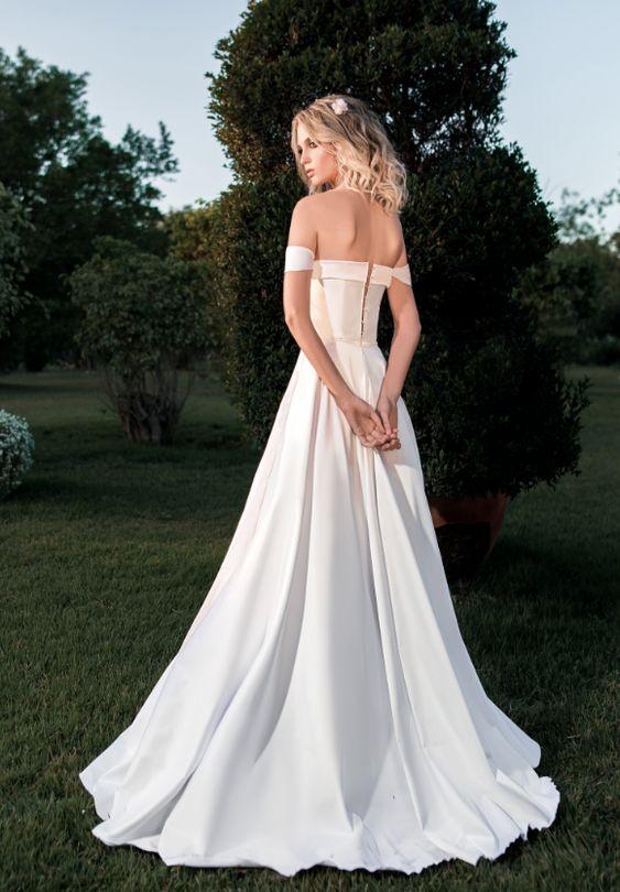 Off Shoulder Long A-line Off White Satin Wedding Dresses