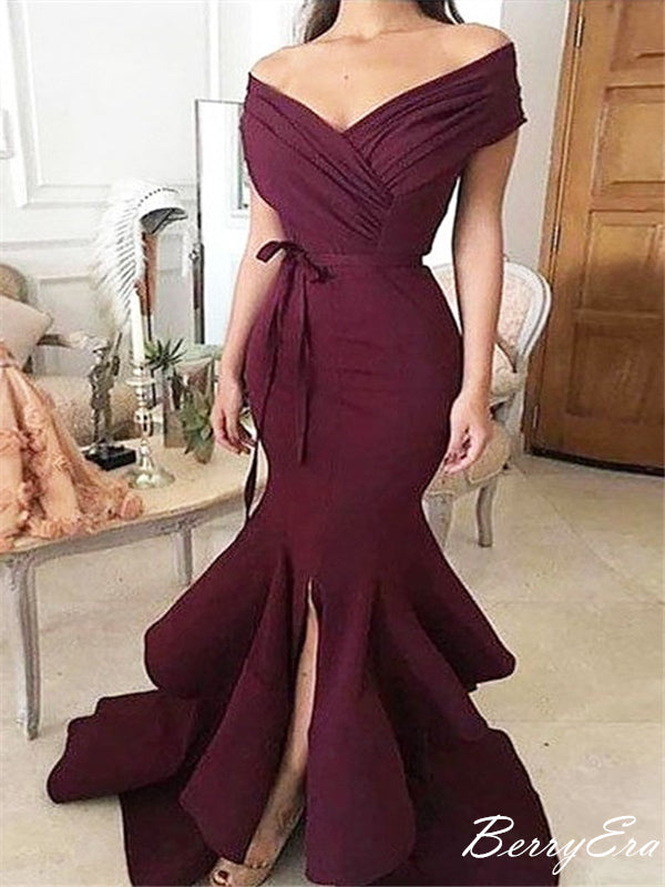 Sexy Burgundy Mermaid Off the Shoulder Fancy Long Prom Dresses 2019