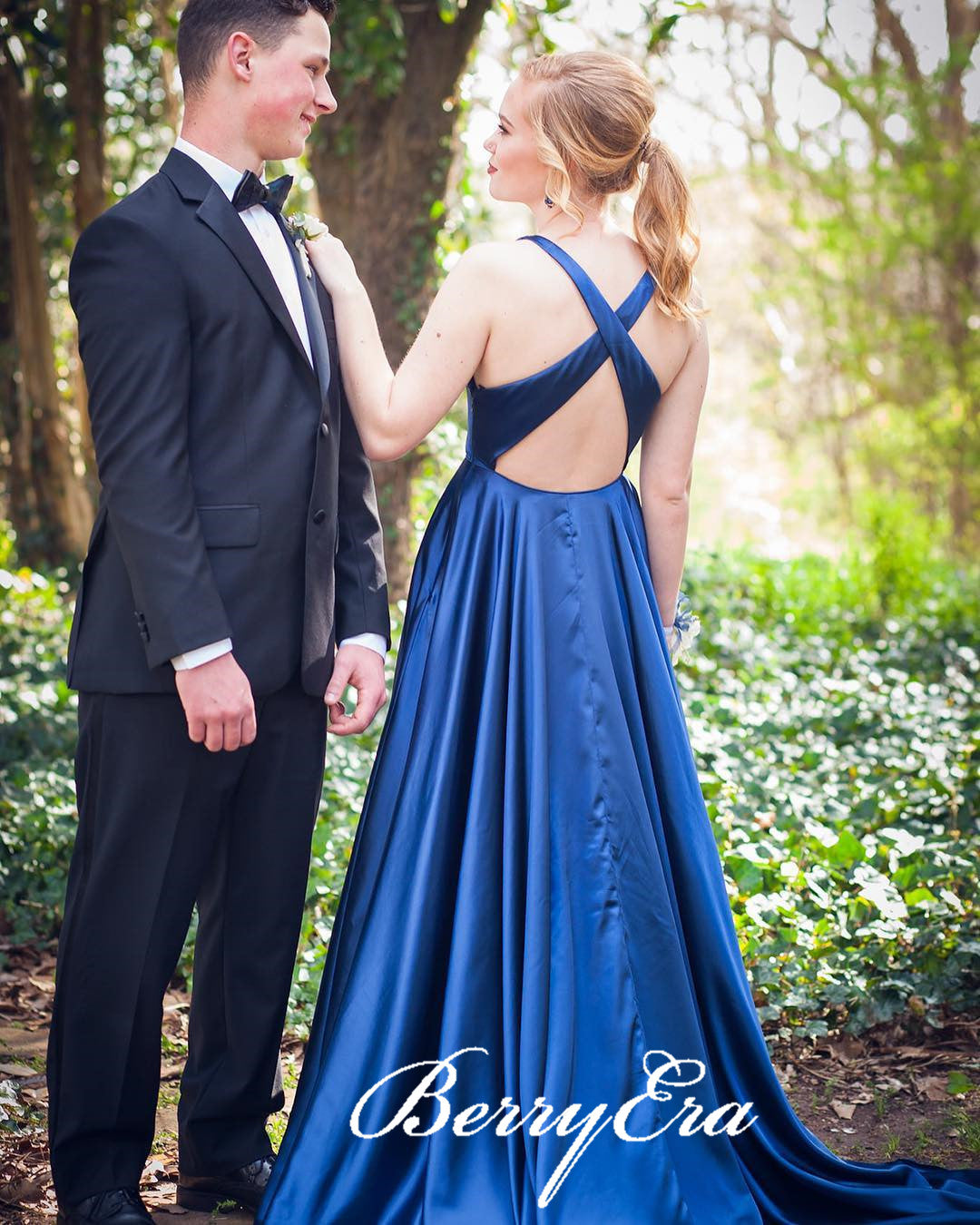 Services Rpyal Blue Rpyal Blue A-line Elastic Stain Cross Back Prom Dresses – Berryera