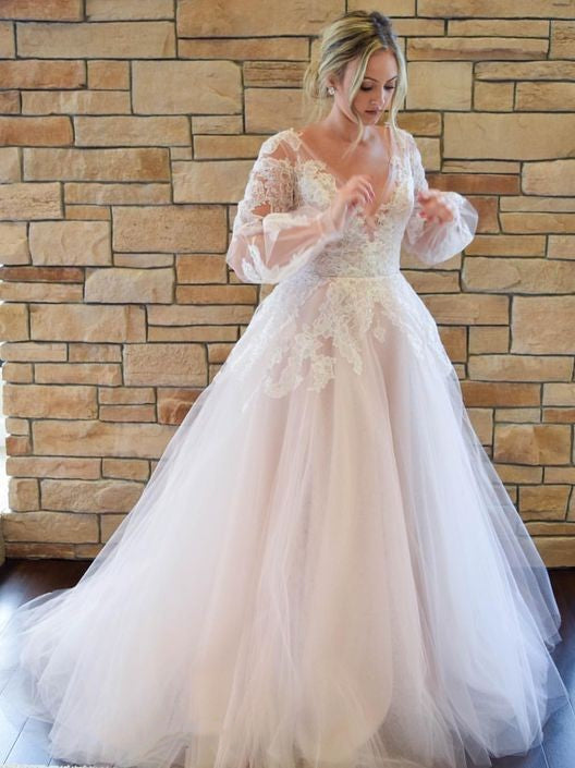 V-neck Long Sleeves Tulle Lace Wedding Dresses, Country Wedding Dresses, Long Wedding Dresses